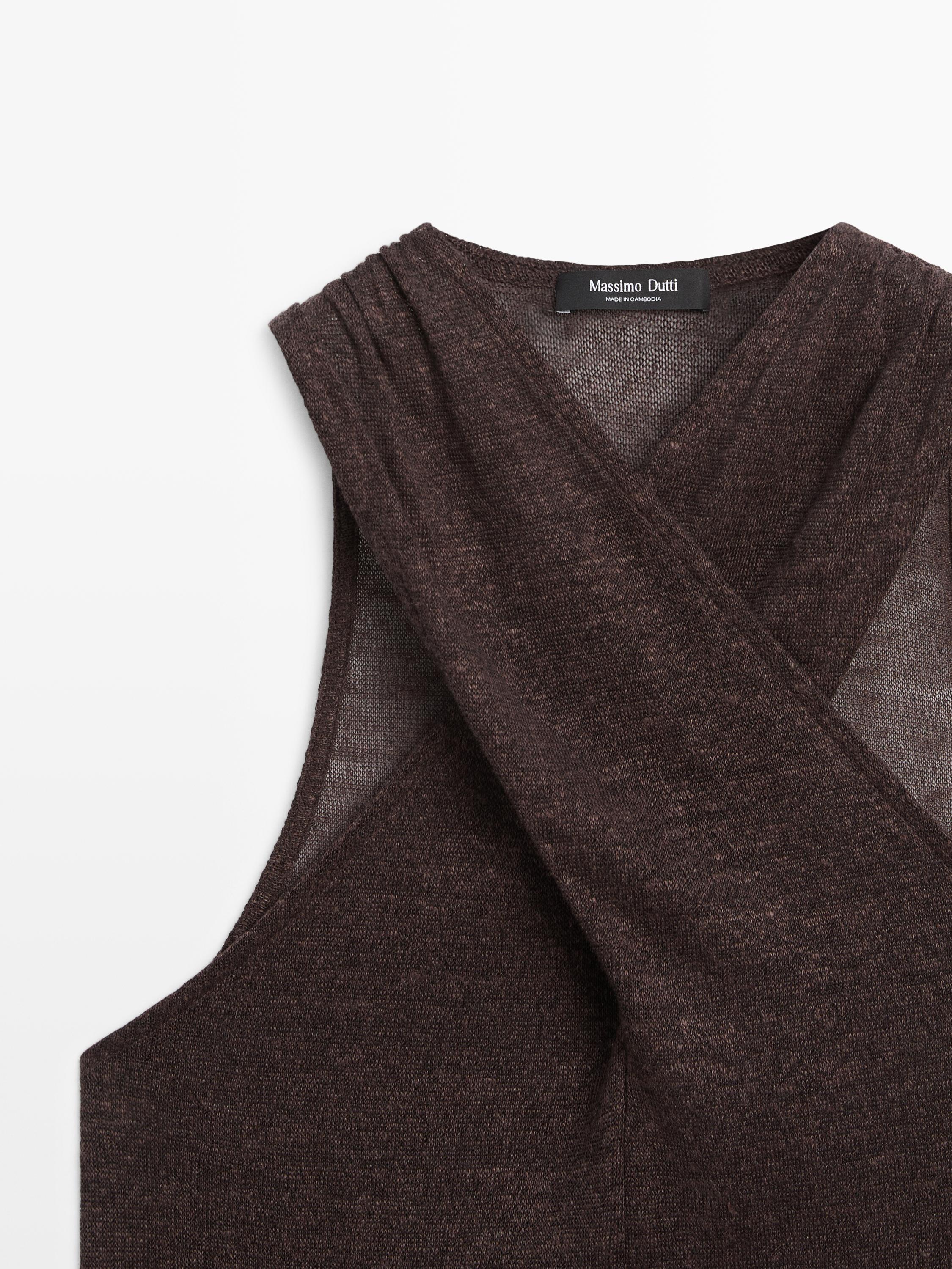 Linen blend top with surplice neckline